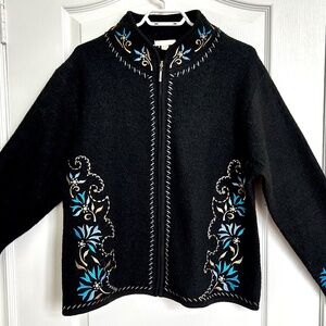 XL VTG Black Carson Women’s 100% Wool Zip Up Jacket Cardigan Embroidered